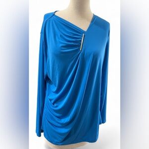 Liz Claiborne Blue Ruched Long Sleeve Blouse Gold-Tone Bar Accent Womens Size XL